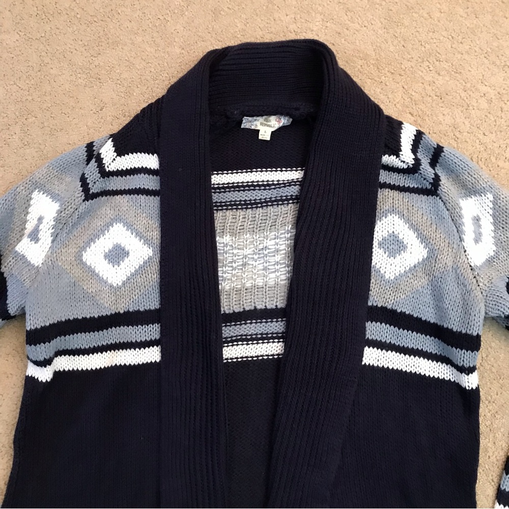 Pink Republic Knit Cardigan Sweater Size L Dark Blue White Pockets FLAW - Picture 2 of 10